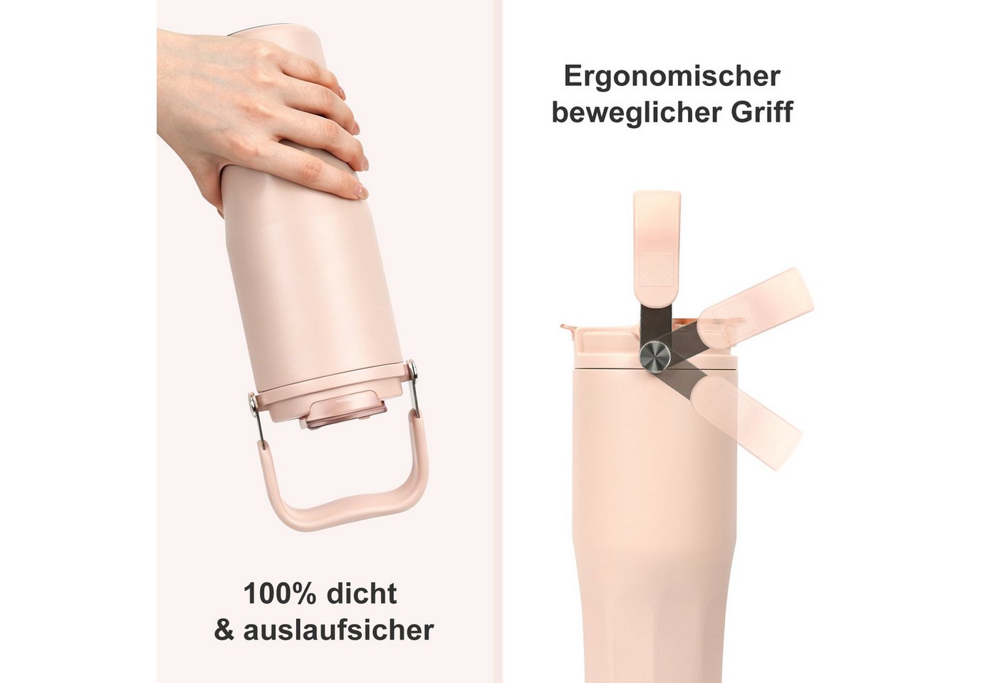 OSTWOLKE Isolierflasche Thermobecher mit Strohhalm und Henkel Tragbare Autobecher Sportflasche, 800ml, Reiseflasche, Trinkflasche für Reisen, Sport, Schule