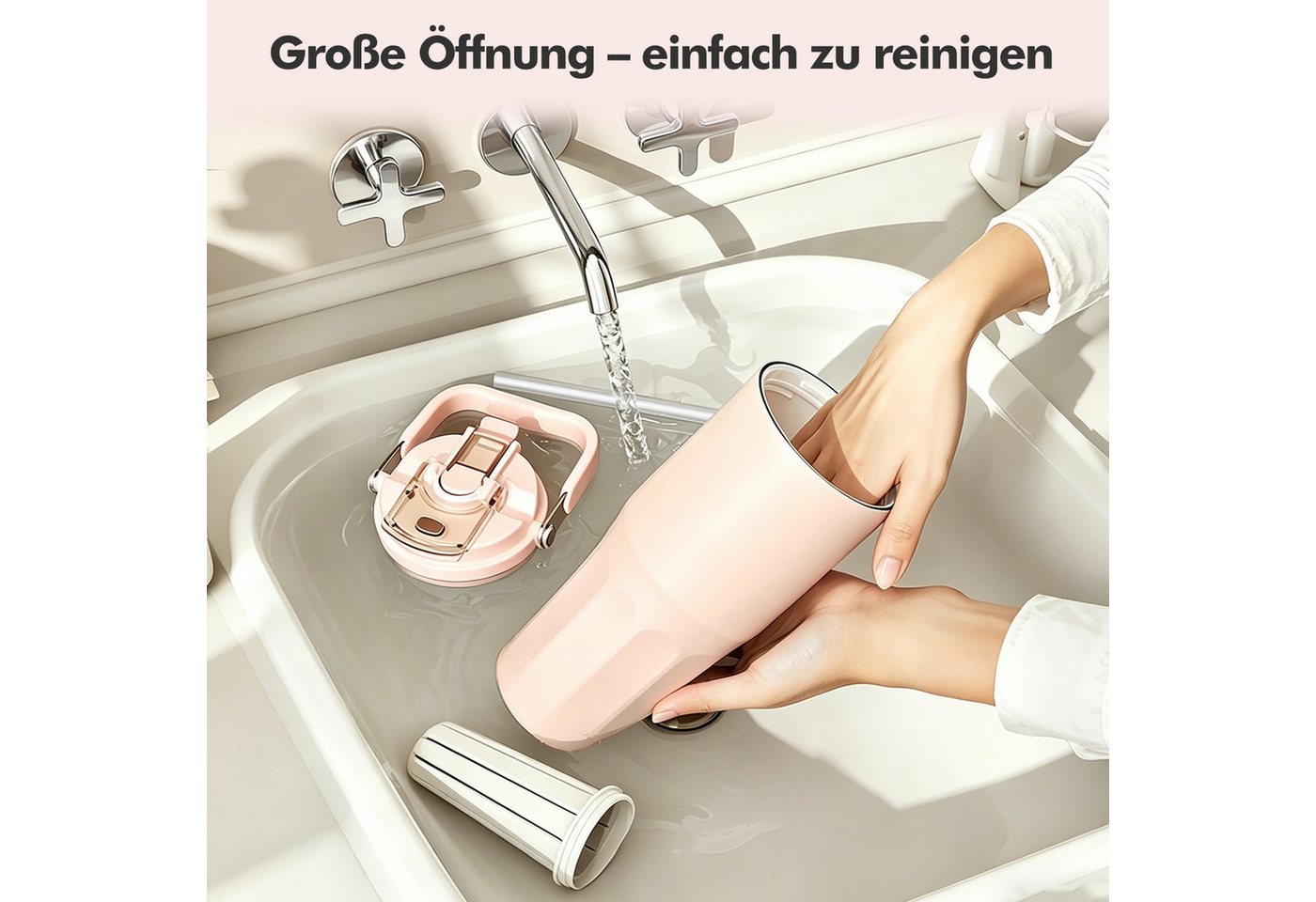 OSTWOLKE Isolierflasche Thermobecher mit Strohhalm und Henkel Tragbare Autobecher Sportflasche, 800ml, Reiseflasche, Trinkflasche für Reisen, Sport, Schule Bild 2