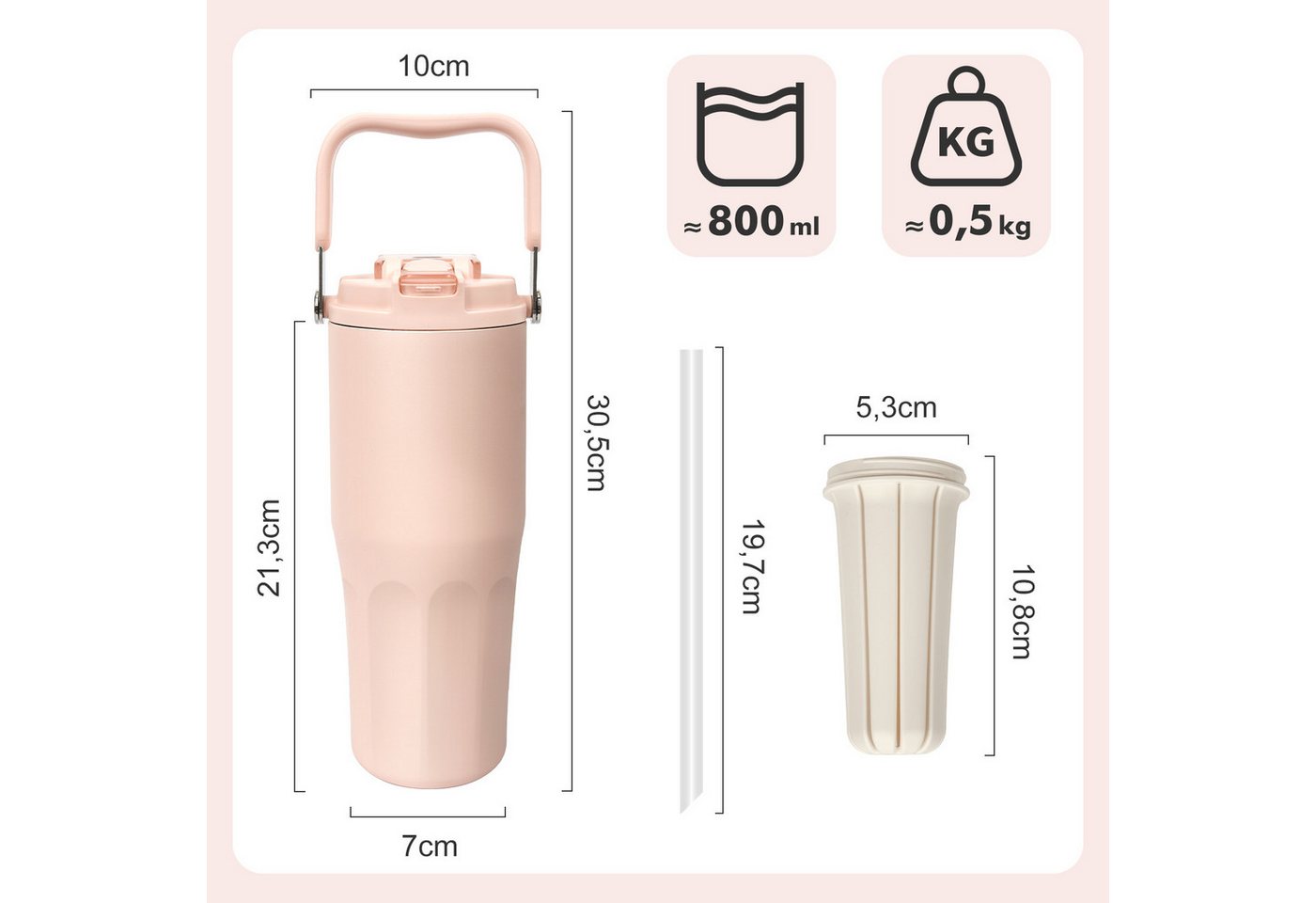 OSTWOLKE Isolierflasche Thermobecher mit Strohhalm und Henkel Tragbare Autobecher Sportflasche, 800ml, Reiseflasche, Trinkflasche für Reisen, Sport, Schule Bild 5