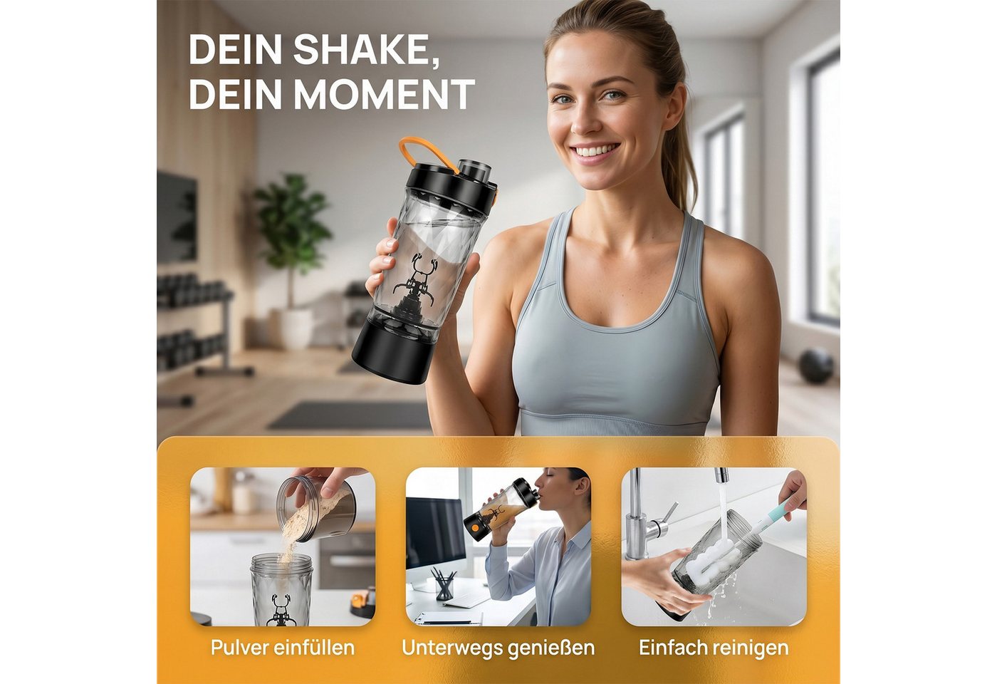 AKKEE Elektrischer Shaker 650ml-Sportbecher, Protein Shaker Elektrisch mit Pulverfach, BPA-frei, 3 W, USB Wiederaufladbar für Potein Pulver und Milchshake Bild 3