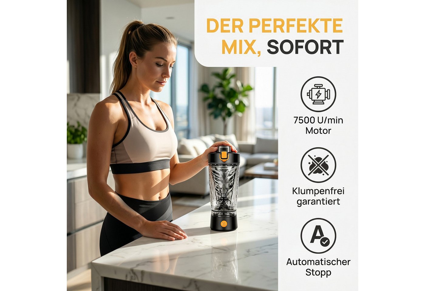 AKKEE Elektrischer Shaker 650ml-Sportbecher, Protein Shaker Elektrisch mit Pulverfach, BPA-frei, 3 W, USB Wiederaufladbar für Potein Pulver und Milchshake Bild 4