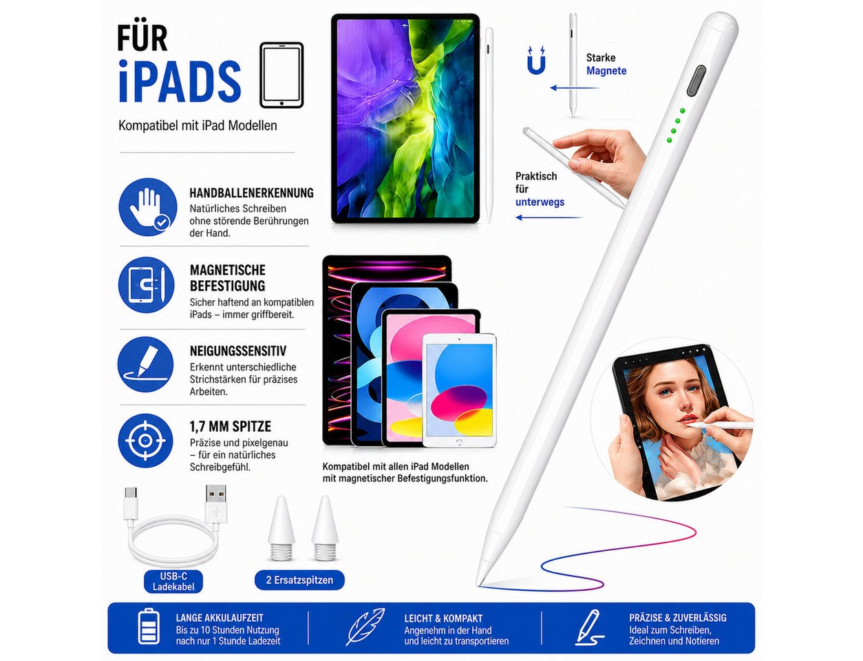 SpionProfi Eingabestift Stylus Stift für Apple iPad Tablet Touchscreen mit USB-C Schnellladung (1-St) Geeignet für Apple iPad 6, 7, 8, 9, 10, Mini, iPadPro Tablet Bild 2
