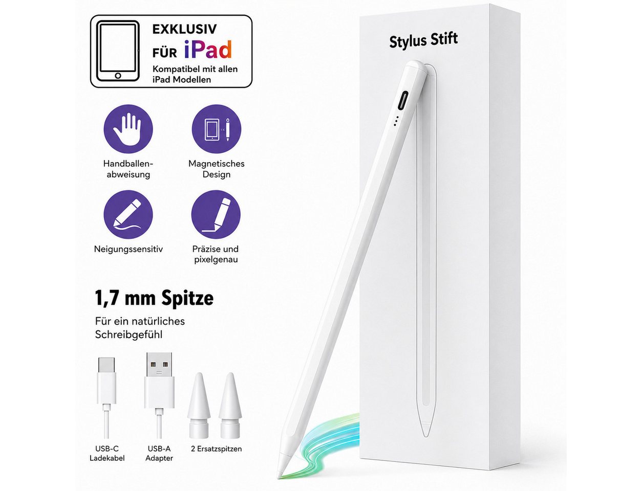 SpionProfi Eingabestift Stylus Stift für Apple iPad Tablet Touchscreen mit USB-C Schnellladung (1-St) Geeignet für Apple iPad 6, 7, 8, 9, 10, Mini, iPadPro Tablet Bild 4