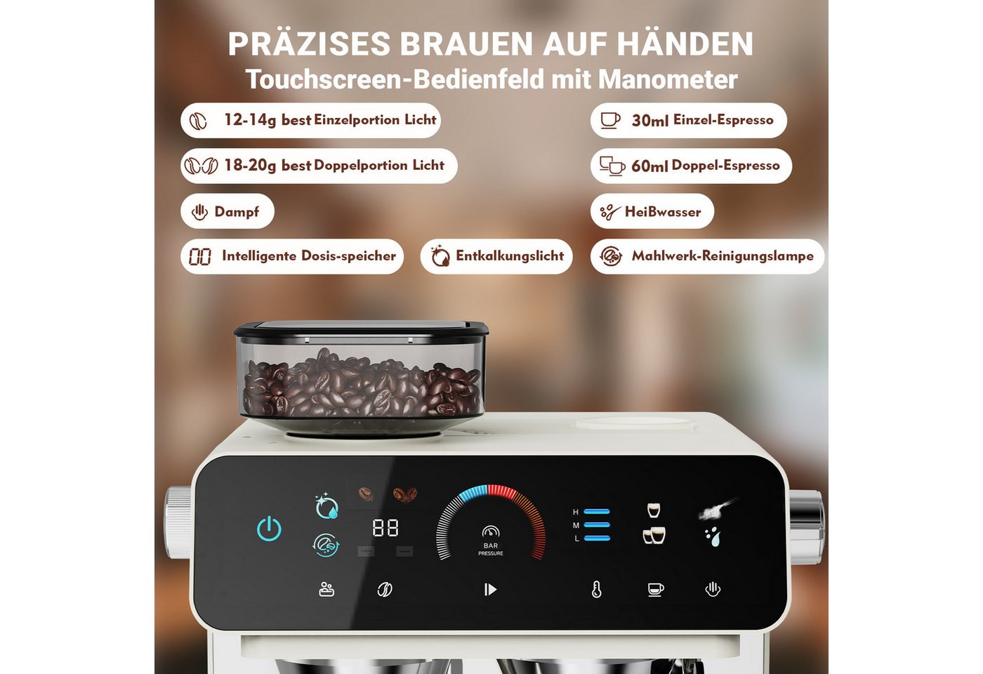 CHEFFANO Siebträgermaschine Espressomaschine 20 Bar mit integriertem Mahlwerk, 19 Mahlgradstufen, 1x4, 1350W, 20bar