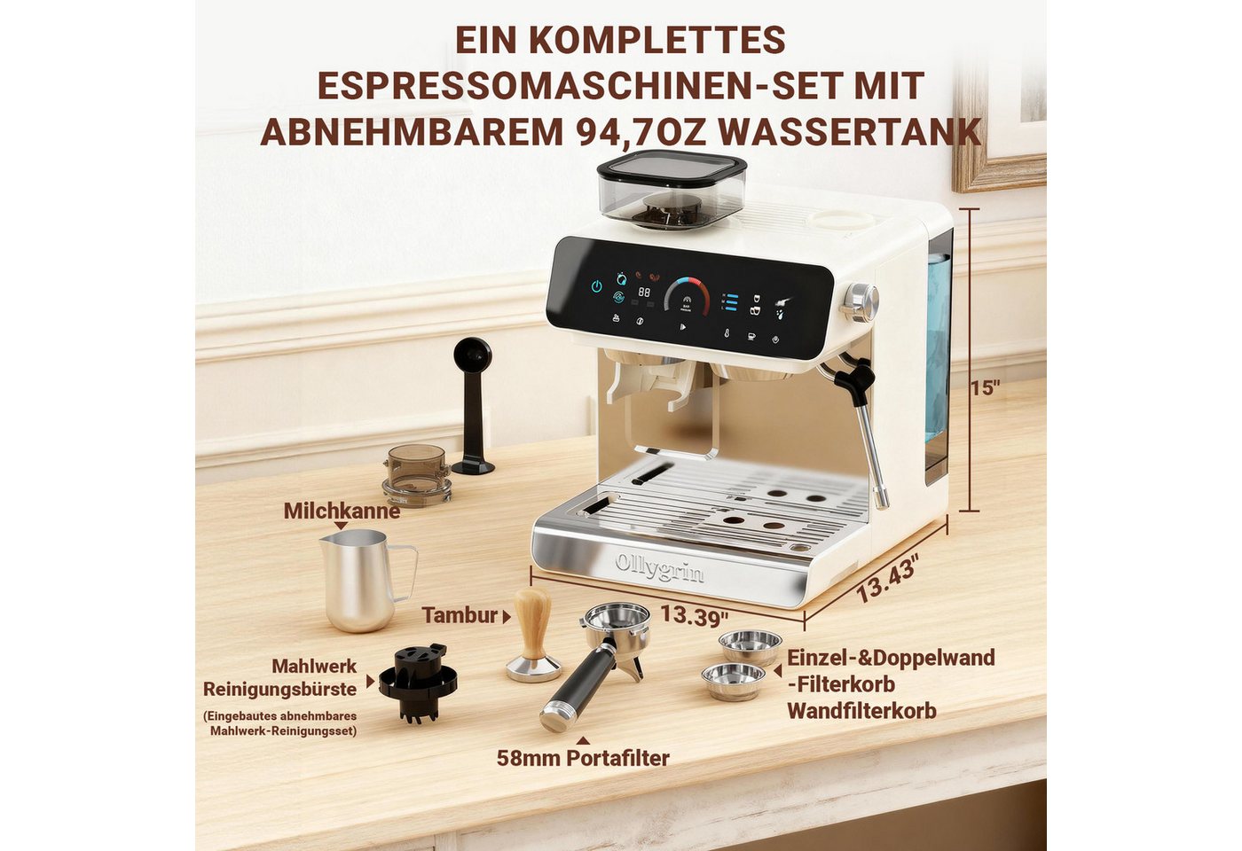 CHEFFANO Siebträgermaschine Espressomaschine 20 Bar mit integriertem Mahlwerk, 19 Mahlgradstufen, 1x4, 1350W, 20bar Bild 5