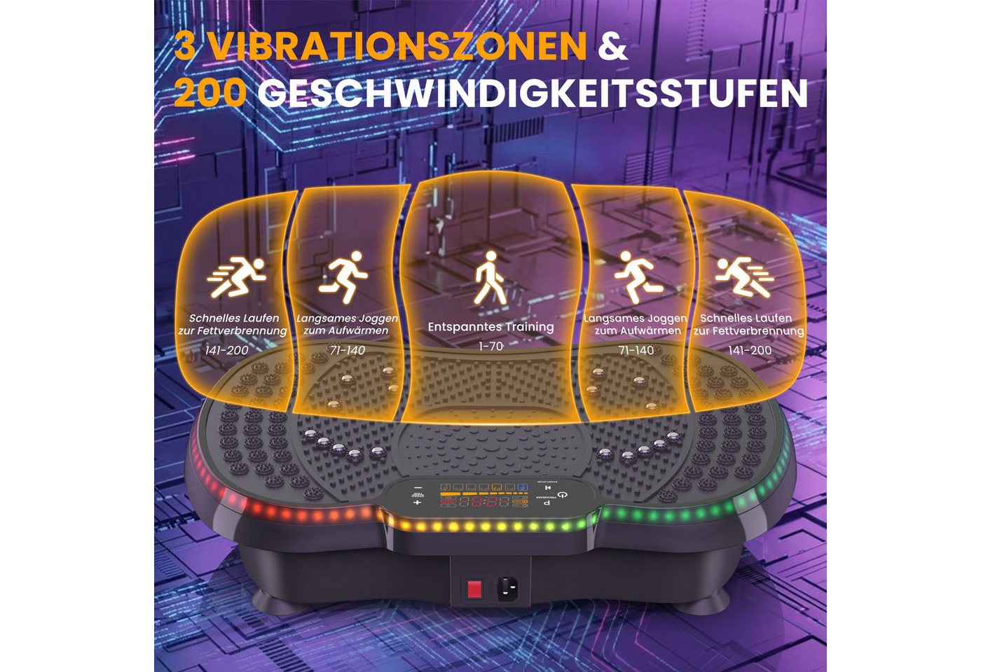 Dskeuzeew Vibrationsplatte Vibrationsplattform mit bürstenloser Motor 200 W - 9 LED-Leuchten, 200 W, 200 Intensitätsstufen, (Set, Tragkraft 150 kg - inkl. Trainingsbänder), Mit Springseil und robustem Trainingsband