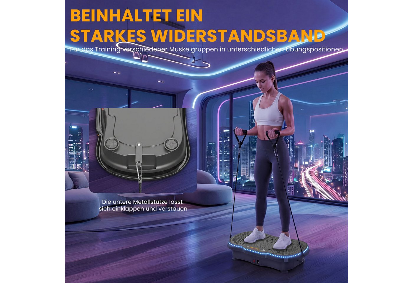 Dskeuzeew Vibrationsplatte Vibrationsplattform mit bürstenloser Motor 200 W - 9 LED-Leuchten, 200 W, 200 Intensitätsstufen, (Set, Tragkraft 150 kg - inkl. Trainingsbänder), Mit Springseil und robustem Trainingsband Bild 3