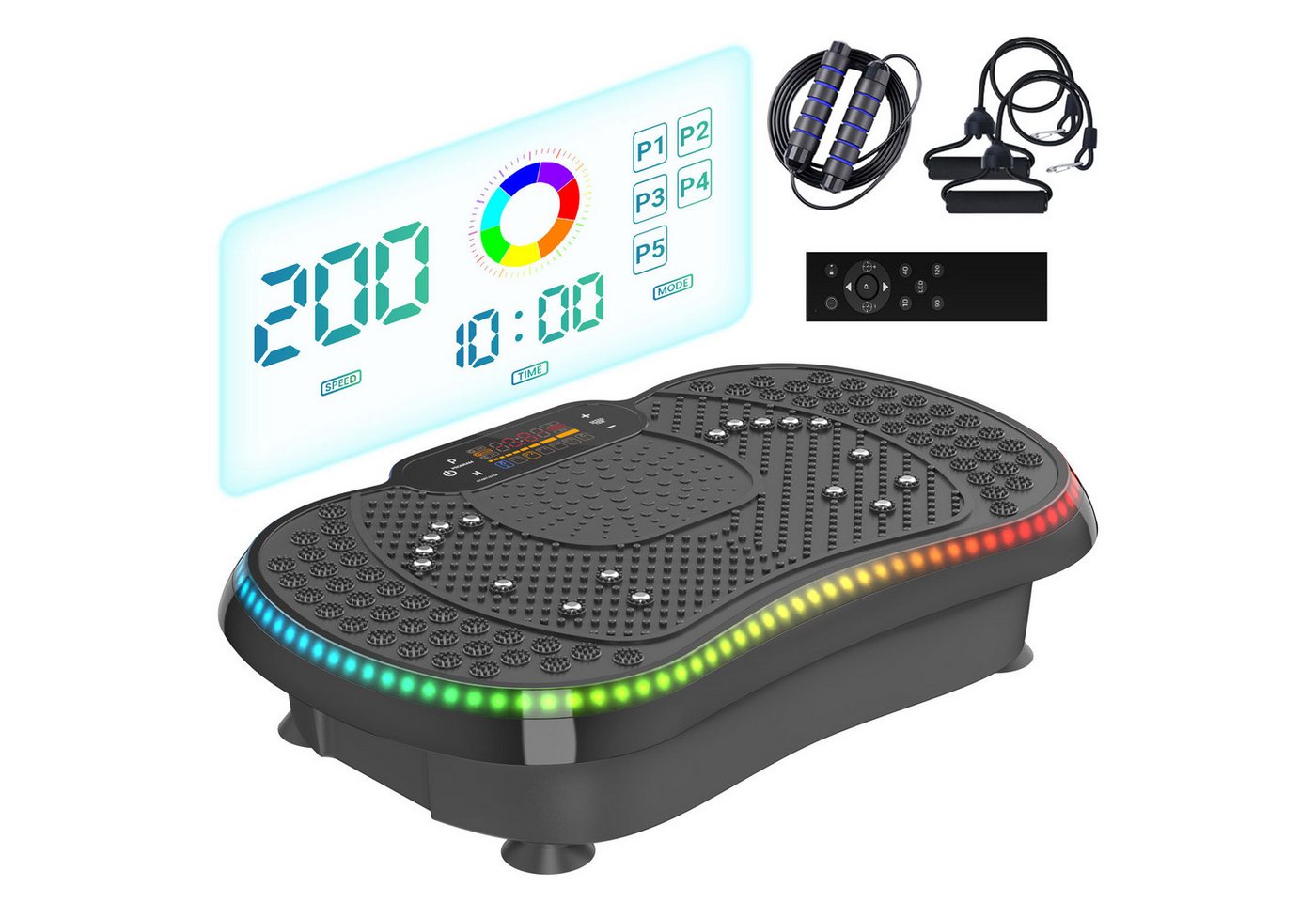 Dskeuzeew Vibrationsplatte Vibrationsplattform mit bürstenloser Motor 200 W - 9 LED-Leuchten, 200 W, 200 Intensitätsstufen, (Set, Tragkraft 150 kg - inkl. Trainingsbänder), Mit Springseil und robustem Trainingsband Bild 5