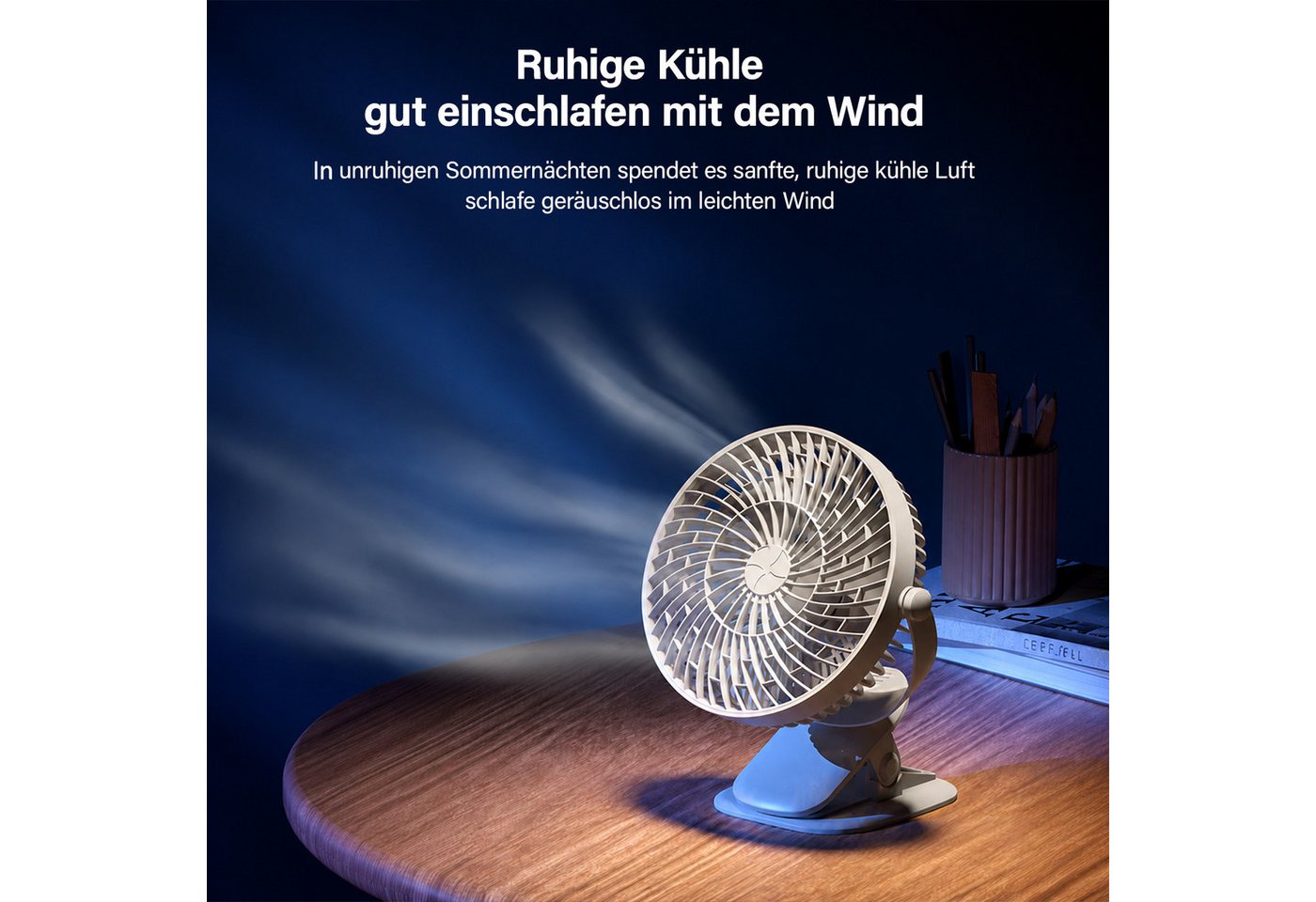MOPUEA Standventilator 360° Drehbar Klemm-Ventilator Luftzirkulationsventilator USB, Tischventilator 3 Windstufen Standventilator Luftzirkulation Leise