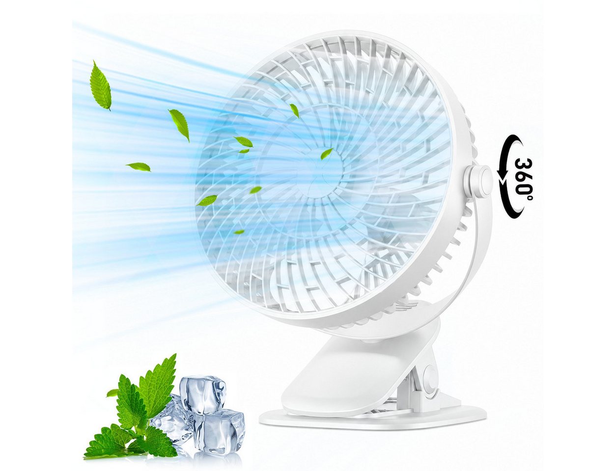 MOPUEA Standventilator 360° Drehbar Klemm-Ventilator Luftzirkulationsventilator USB, Tischventilator 3 Windstufen Standventilator Luftzirkulation Leise Bild 4