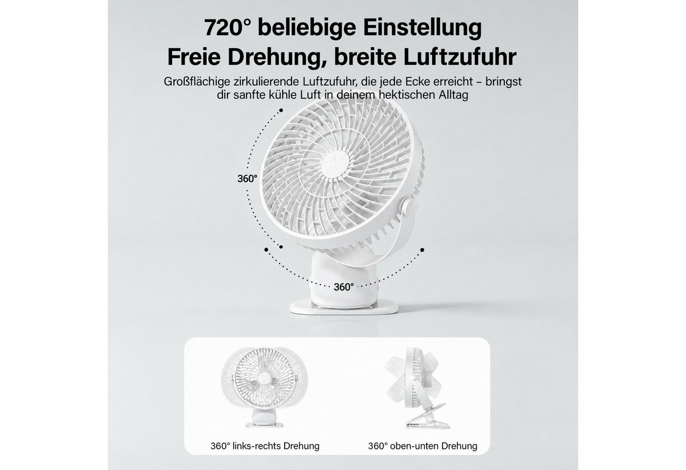 MOPUEA Standventilator 360° Drehbar Klemm-Ventilator Luftzirkulationsventilator USB, Tischventilator 3 Windstufen Standventilator Luftzirkulation Leise Bild 5