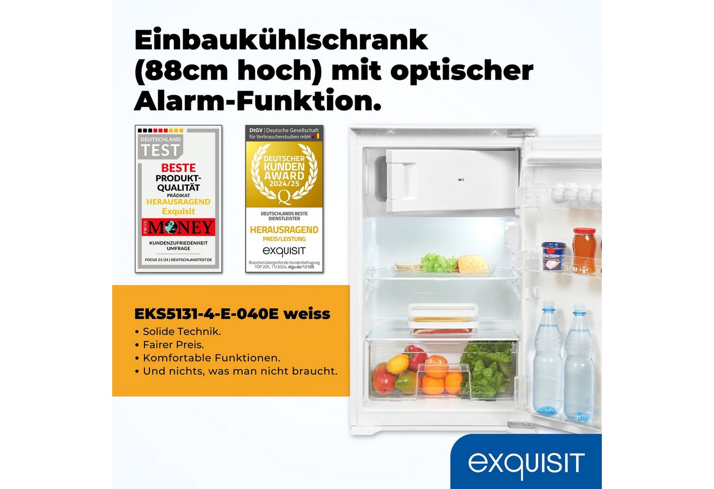 exquisit Einbaukühlschrank EKS5131-4-E-040E, 88 cm hoch, 54 cm breit, 4-Sterne-Gefrierfach, 118 Liter Nutzinhalt, Optische Alarmfunktion Bild 2