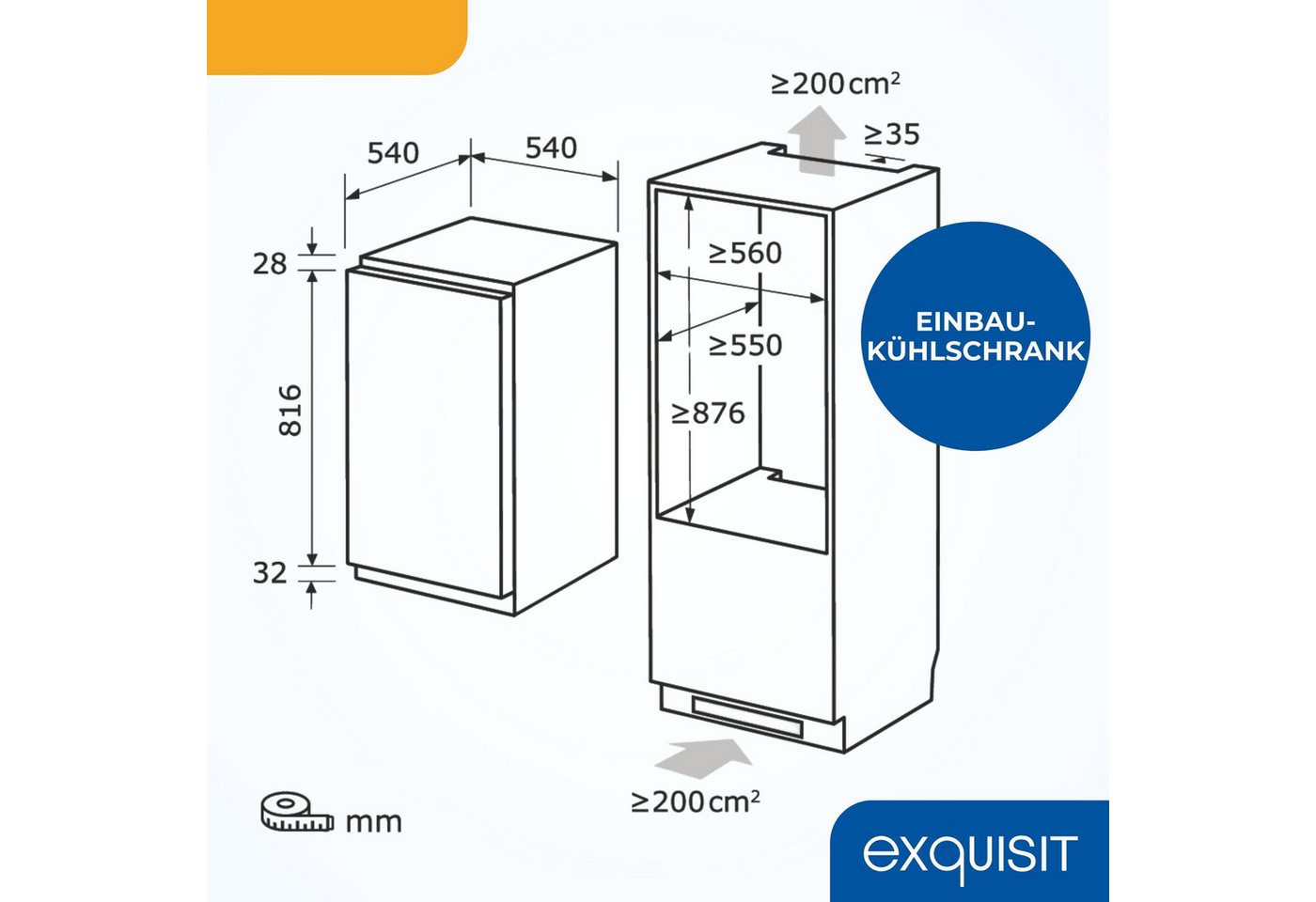 exquisit Einbaukühlschrank EKS5131-4-E-040E, 88 cm hoch, 54 cm breit, 4-Sterne-Gefrierfach, 118 Liter Nutzinhalt, Optische Alarmfunktion Bild 3
