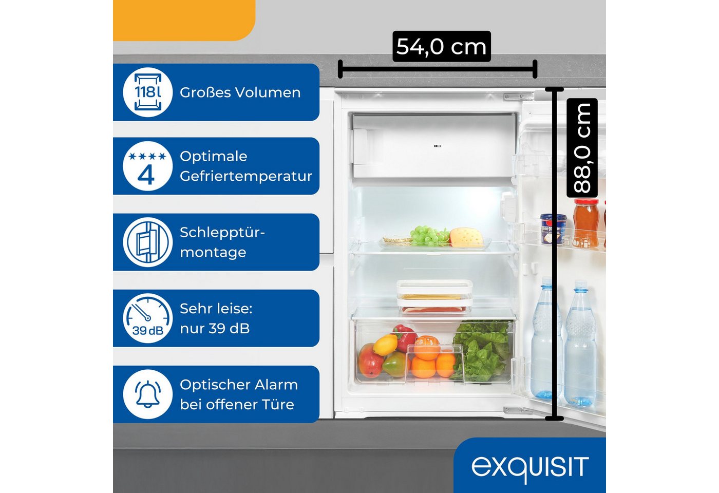 exquisit Einbaukühlschrank EKS5131-4-E-040E, 88 cm hoch, 54 cm breit, 4-Sterne-Gefrierfach, 118 Liter Nutzinhalt, Optische Alarmfunktion Bild 4