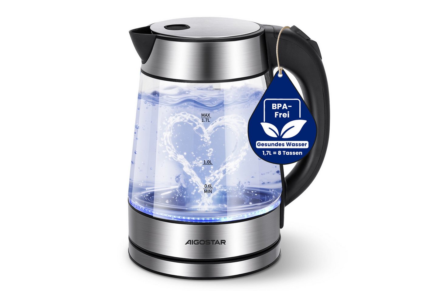 Aigostar Wasserkocher Chubby - Glaswasserkocher mit LED Beleuchtung, Auto-off, BPA frei, 1.7 l, 2200,00 W, Edelstahl Bild 2