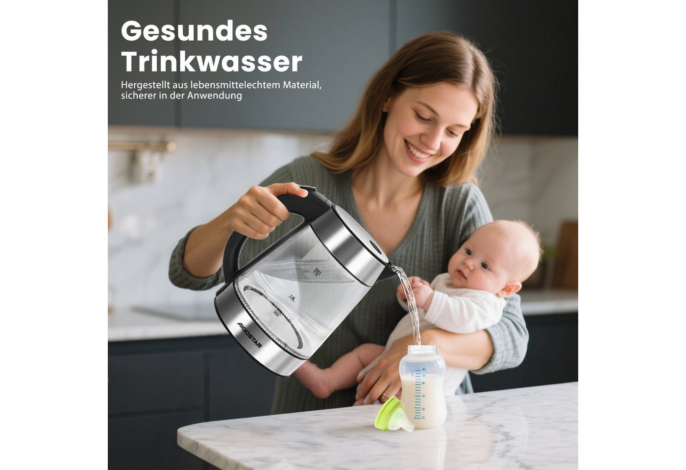 Aigostar Wasserkocher Chubby - Glaswasserkocher mit LED Beleuchtung, Auto-off, BPA frei, 1.7 l, 2200,00 W, Edelstahl Bild 3