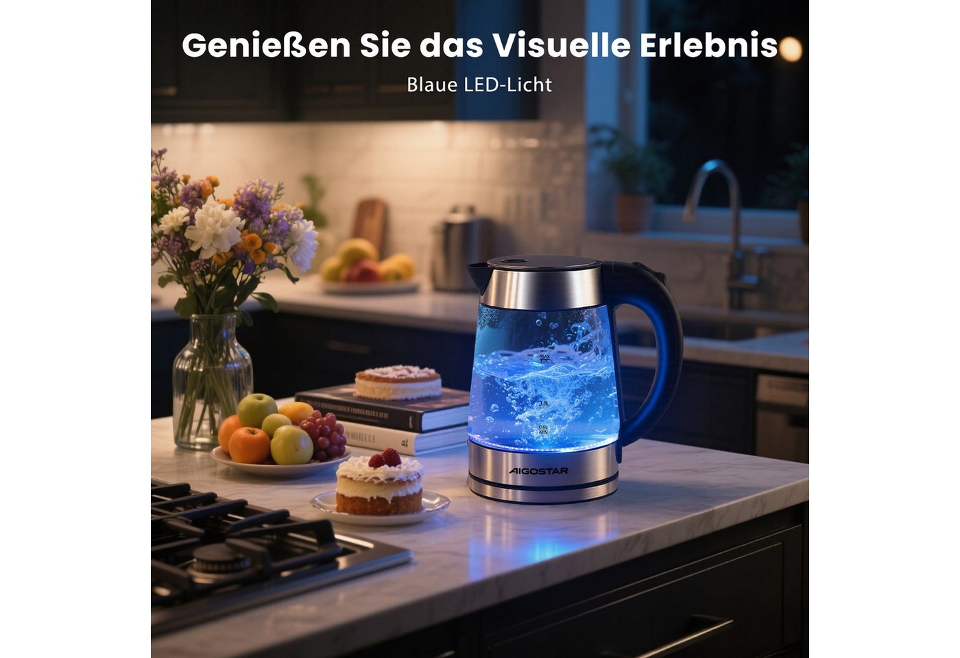 Aigostar Wasserkocher Chubby - Glaswasserkocher mit LED Beleuchtung, Auto-off, BPA frei, 1.7 l, 2200,00 W, Edelstahl Bild 4