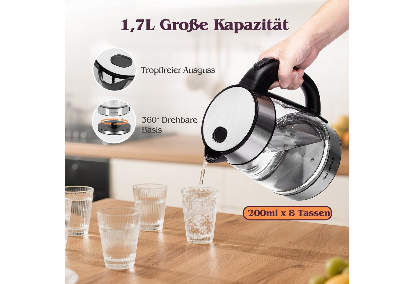 Aigostar Wasserkocher Chubby - Glaswasserkocher mit LED Beleuchtung, Auto-off, BPA frei, 1.7 l, 2200,00 W, Edelstahl Bild 5