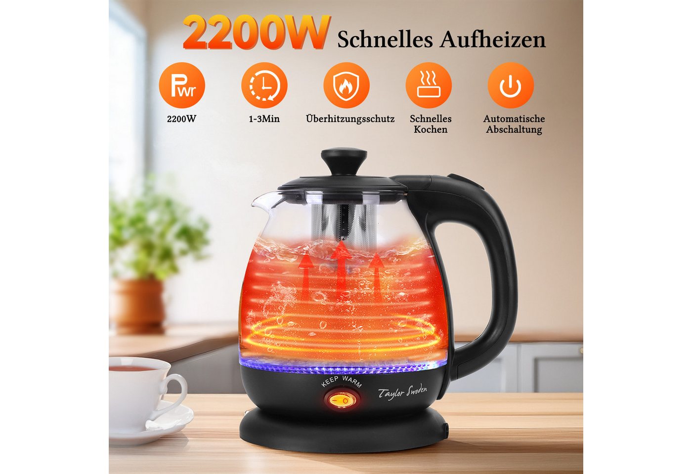 Taylor Swoden Wasserkocher Reisewasserkocher Glas Kleiner 1L, 2200W, Warmhaltefunktion, BPA-Frei, 1 l, 2200,00 W, Mit LED Leuchtanzeige, Abnehmbarer Filter, Trockener Kochschutz