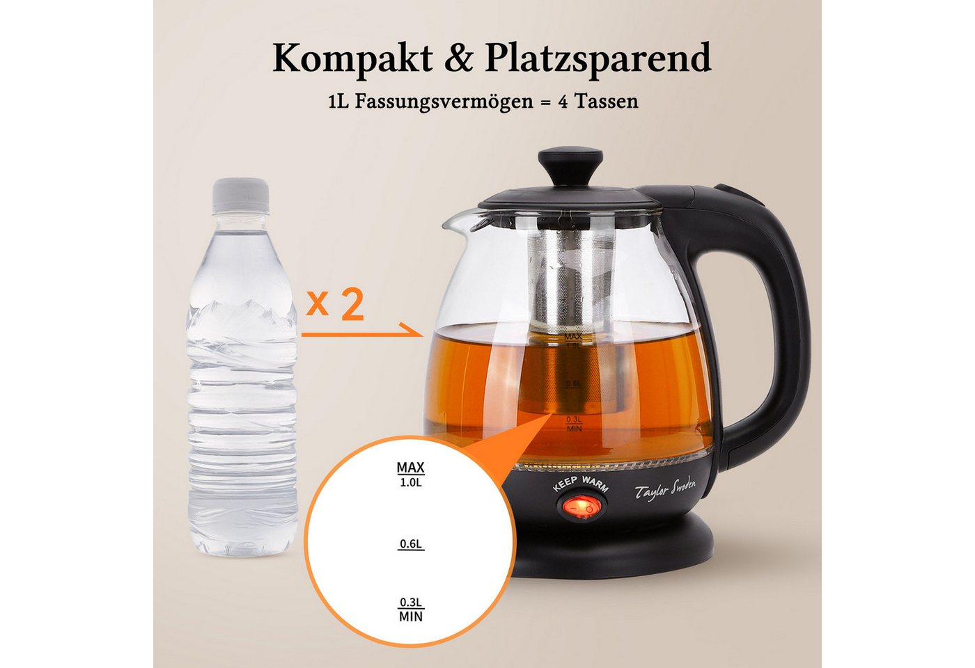 Taylor Swoden Wasserkocher Reisewasserkocher Glas Kleiner 1L, 2200W, Warmhaltefunktion, BPA-Frei, 1 l, 2200,00 W, Mit LED Leuchtanzeige, Abnehmbarer Filter, Trockener Kochschutz Bild 2
