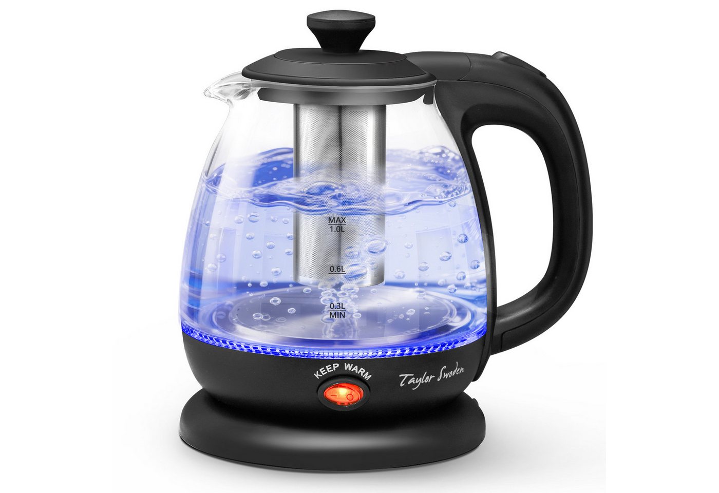 Taylor Swoden Wasserkocher Reisewasserkocher Glas Kleiner 1L, 2200W, Warmhaltefunktion, BPA-Frei, 1 l, 2200,00 W, Mit LED Leuchtanzeige, Abnehmbarer Filter, Trockener Kochschutz Bild 3