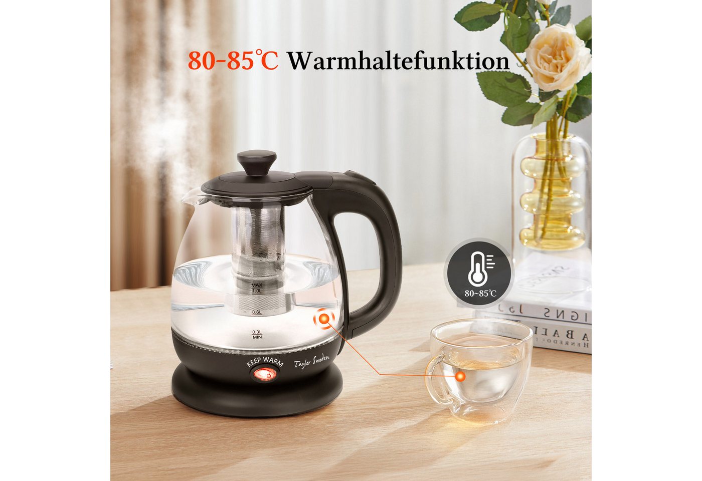 Taylor Swoden Wasserkocher Reisewasserkocher Glas Kleiner 1L, 2200W, Warmhaltefunktion, BPA-Frei, 1 l, 2200,00 W, Mit LED Leuchtanzeige, Abnehmbarer Filter, Trockener Kochschutz Bild 4