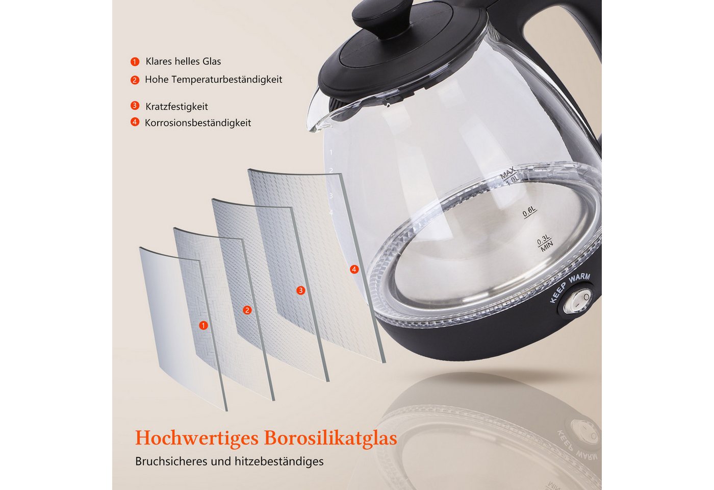 Taylor Swoden Wasserkocher Reisewasserkocher Glas Kleiner 1L, 2200W, Warmhaltefunktion, BPA-Frei, 1 l, 2200,00 W, Mit LED Leuchtanzeige, Abnehmbarer Filter, Trockener Kochschutz Bild 5