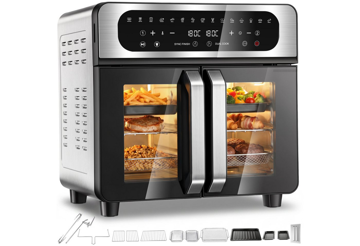 oyajia Heißluftfritteuse XXL Backofen mit Französischen Türen, Air Fryer Dual Zone mit Smart-Touch, Sync Finish, 15 Programme, Inkl. 13 Zubehörteile, Metallgehäuse, 2700,00 W