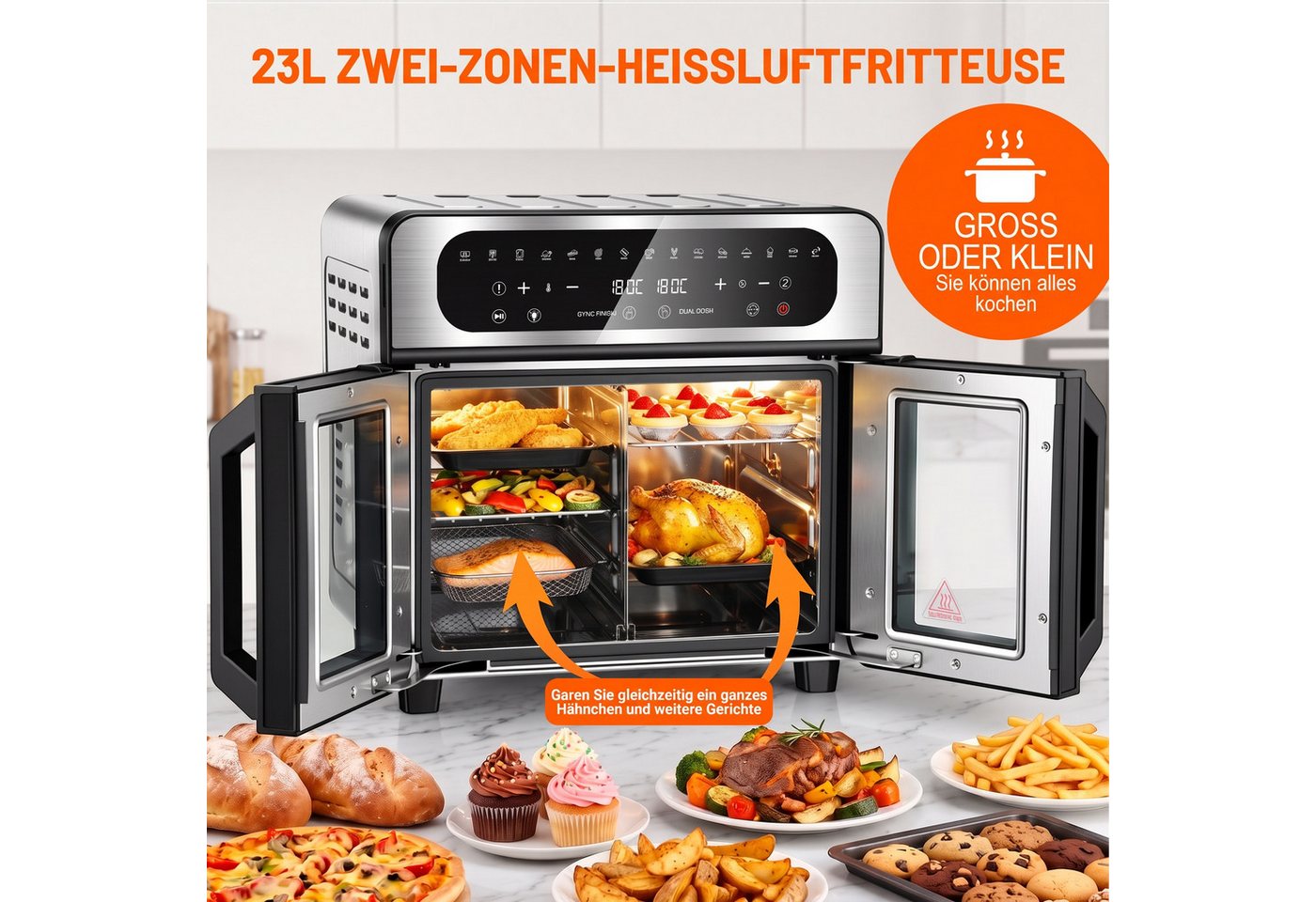 oyajia Heißluftfritteuse XXL Backofen mit Französischen Türen, Air Fryer Dual Zone mit Smart-Touch, Sync Finish, 15 Programme, Inkl. 13 Zubehörteile, Metallgehäuse, 2700,00 W Bild 2