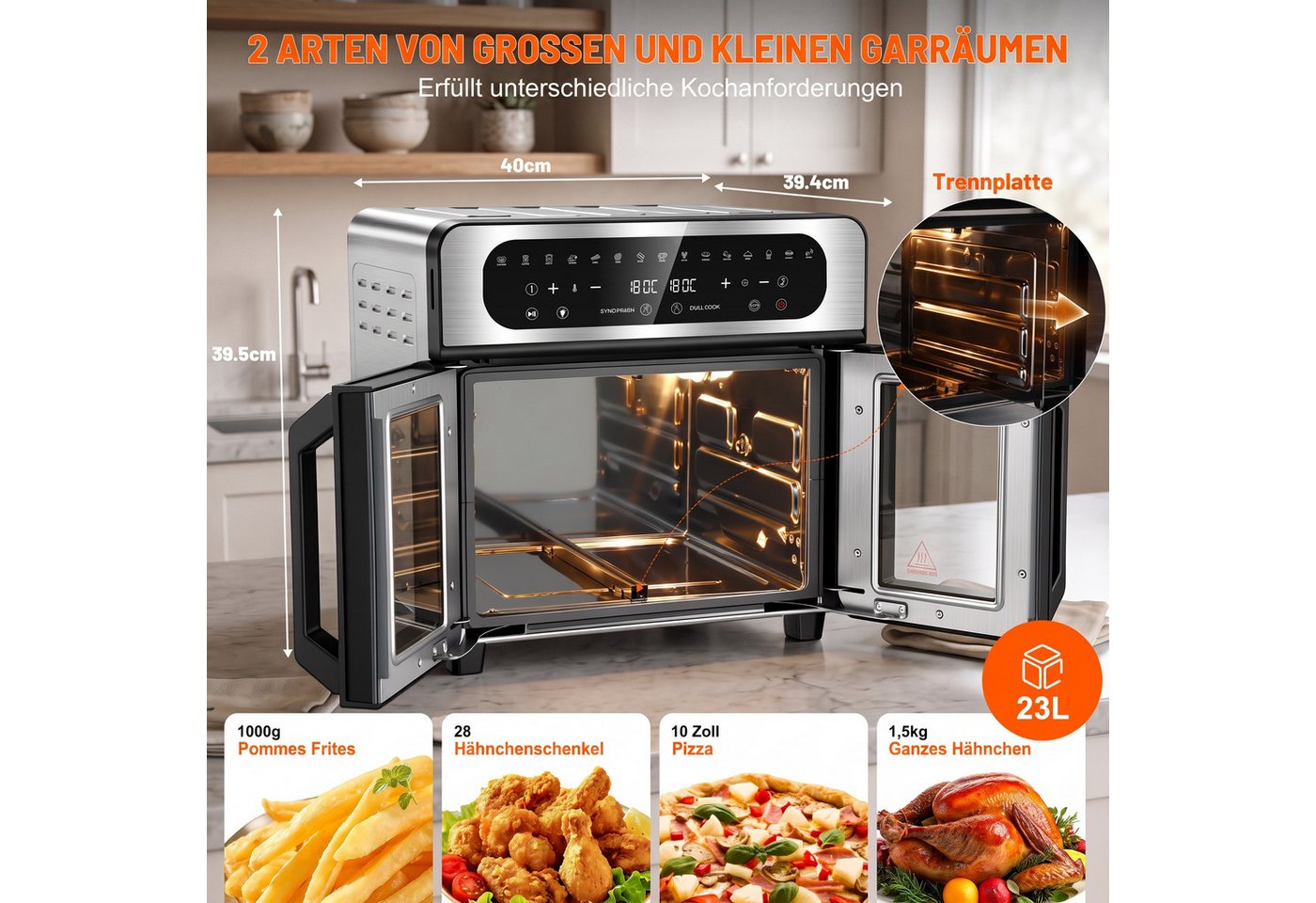 oyajia Heißluftfritteuse XXL Backofen mit Französischen Türen, Air Fryer Dual Zone mit Smart-Touch, Sync Finish, 15 Programme, Inkl. 13 Zubehörteile, Metallgehäuse, 2700,00 W Bild 3