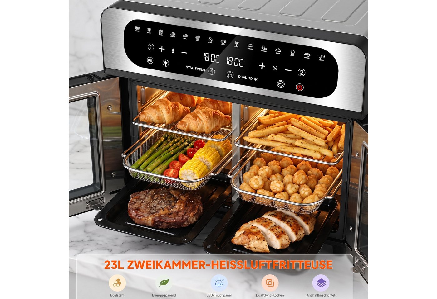oyajia Heißluftfritteuse XXL Backofen mit Französischen Türen, Air Fryer Dual Zone mit Smart-Touch, Sync Finish, 15 Programme, Inkl. 13 Zubehörteile, Metallgehäuse, 2700,00 W Bild 4
