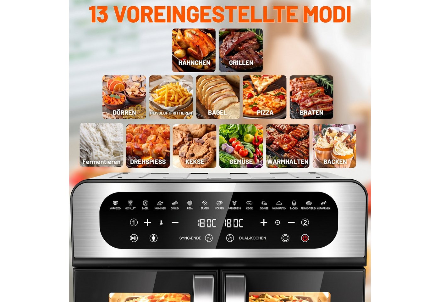 oyajia Heißluftfritteuse XXL Backofen mit Französischen Türen, Air Fryer Dual Zone mit Smart-Touch, Sync Finish, 15 Programme, Inkl. 13 Zubehörteile, Metallgehäuse, 2700,00 W Bild 5
