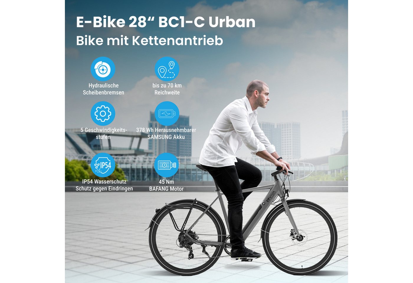 AsVIVA E-Bike Cityrad BC1-C Elektrofahrrad 28 Zoll, 7 Gang Shimano Shimano Tourney / SIS RevoShift Schaltwerk, Kettenschaltung, Heckmotor, 378 Wh, 250W Bafang-Motor, Samsung-Akku Bild 5