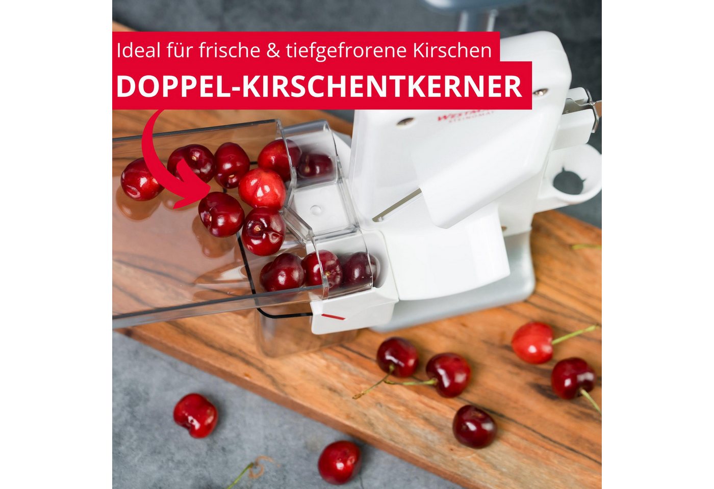 WESTMARK Entsteiner Doppel-Entkerner & Pflaumenentsteiner Steinomat – Black Edition, Aluminium, SAN, griffige Haptik, für Kirschen & Pflaumen, Made in Germany