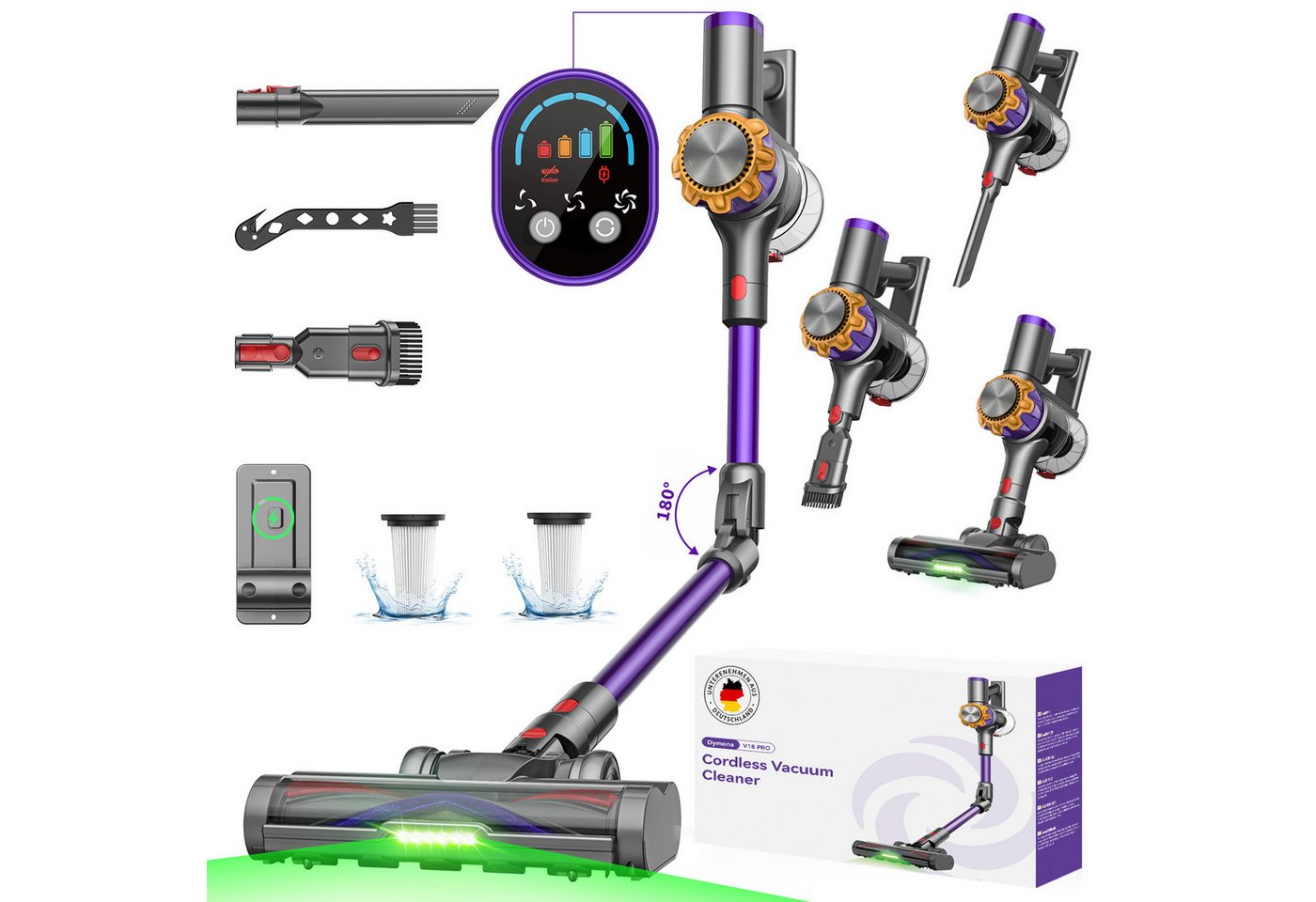 DyMona Akku-Hand-und Stielstaubsauger Akkustaubsauger 75000Pa/600W/70Min Staubsauger Kabellos Selbststehend, Elektrischer Staubsauger mit Flexibles Biegegelenk,1,2L Behalter, Anti-Tangle,Green LED,für Hartböden Teppiche Tierhaare Auto