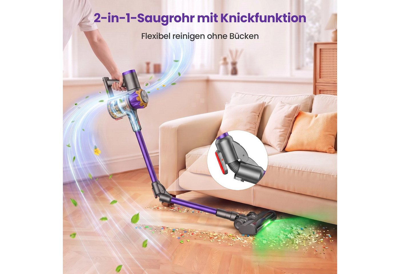 DyMona Akku-Hand-und Stielstaubsauger Akkustaubsauger 75000Pa/600W/70Min Staubsauger Kabellos Selbststehend, Elektrischer Staubsauger mit Flexibles Biegegelenk,1,2L Behalter, Anti-Tangle,Green LED,für Hartböden Teppiche Tierhaare Auto Bild 2