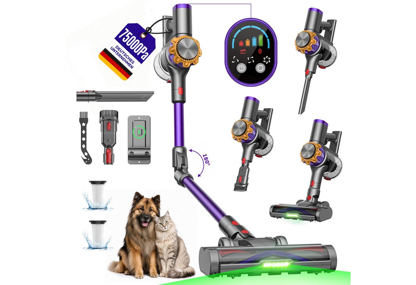 DyMona Akku-Hand-und Stielstaubsauger Akkustaubsauger 75000Pa/600W/70Min Staubsauger Kabellos Selbststehend, Elektrischer Staubsauger mit Flexibles Biegegelenk,1,2L Behalter, Anti-Tangle,Green LED,für Hartböden Teppiche Tierhaare Auto Bild 4