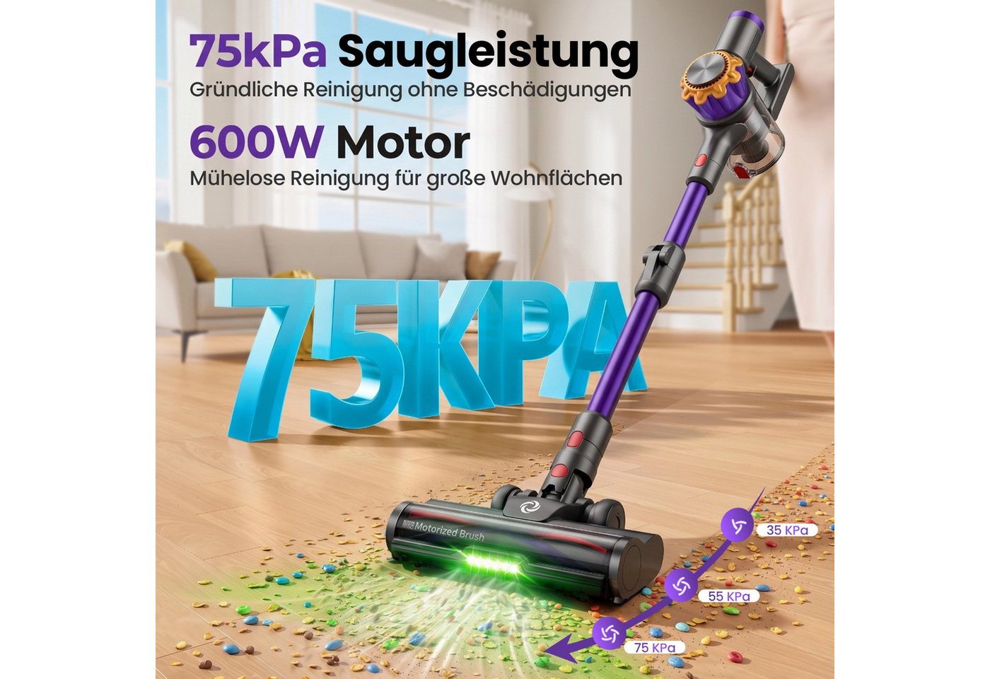 DyMona Akku-Hand-und Stielstaubsauger Akkustaubsauger 75000Pa/600W/70Min Staubsauger Kabellos Selbststehend, Elektrischer Staubsauger mit Flexibles Biegegelenk,1,2L Behalter, Anti-Tangle,Green LED,für Hartböden Teppiche Tierhaare Auto Bild 5