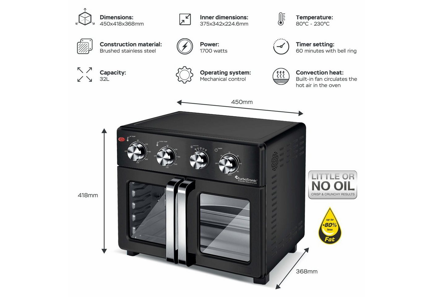TurboTronic by Z-Line Minibackofen 1700 W 32 l Mini Backofen Airfryer Umluft Grill Drehspieß Pizzaofen, Tischbackofen, kleiner Backofen, Mini Ofen, Heißluftfritteuse, Toaster Bild 3