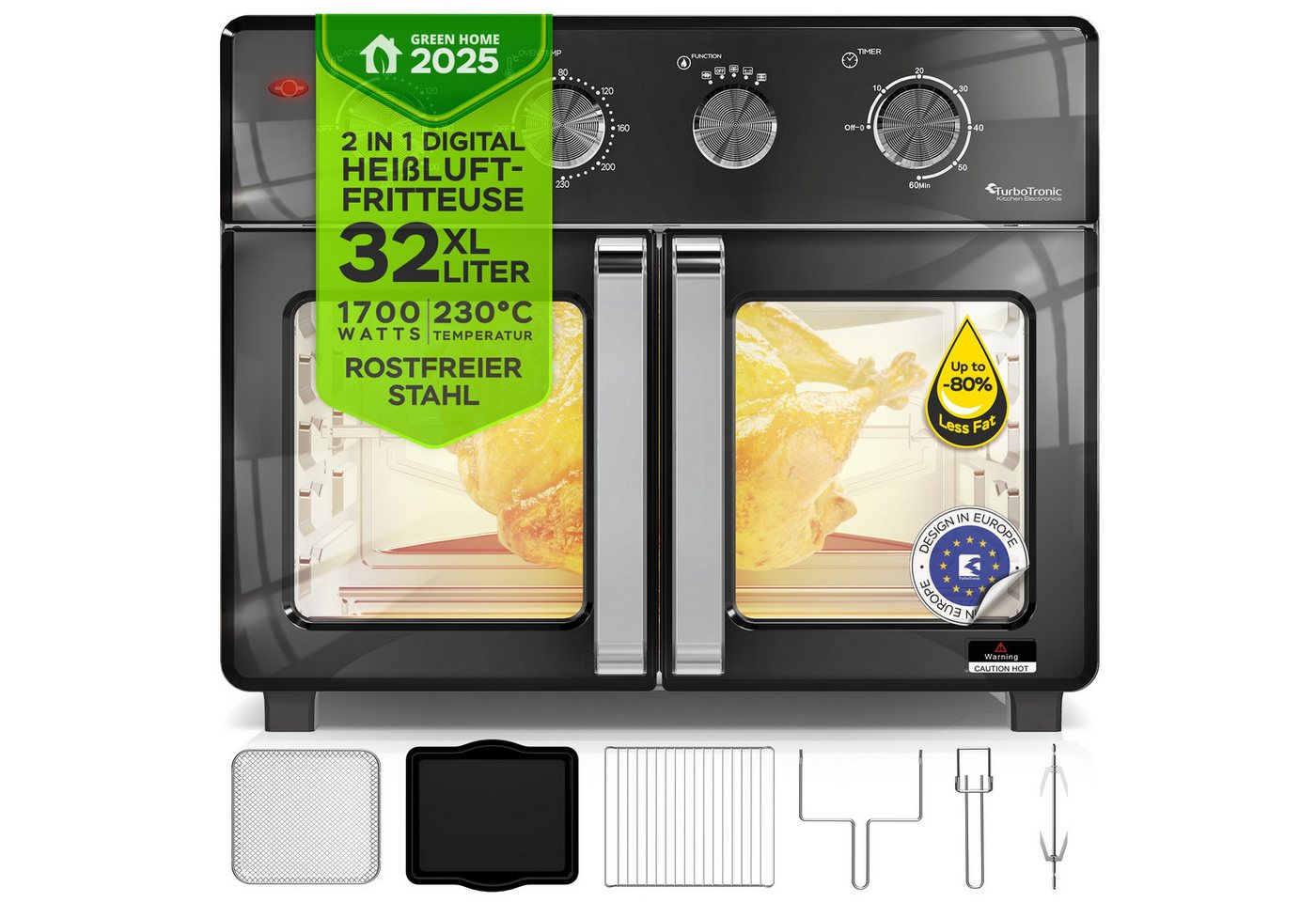 TurboTronic by Z-Line Minibackofen 1700 W 32 l Mini Backofen Airfryer Umluft Grill Drehspieß Pizzaofen, Tischbackofen, kleiner Backofen, Mini Ofen, Heißluftfritteuse, Toaster Bild 5