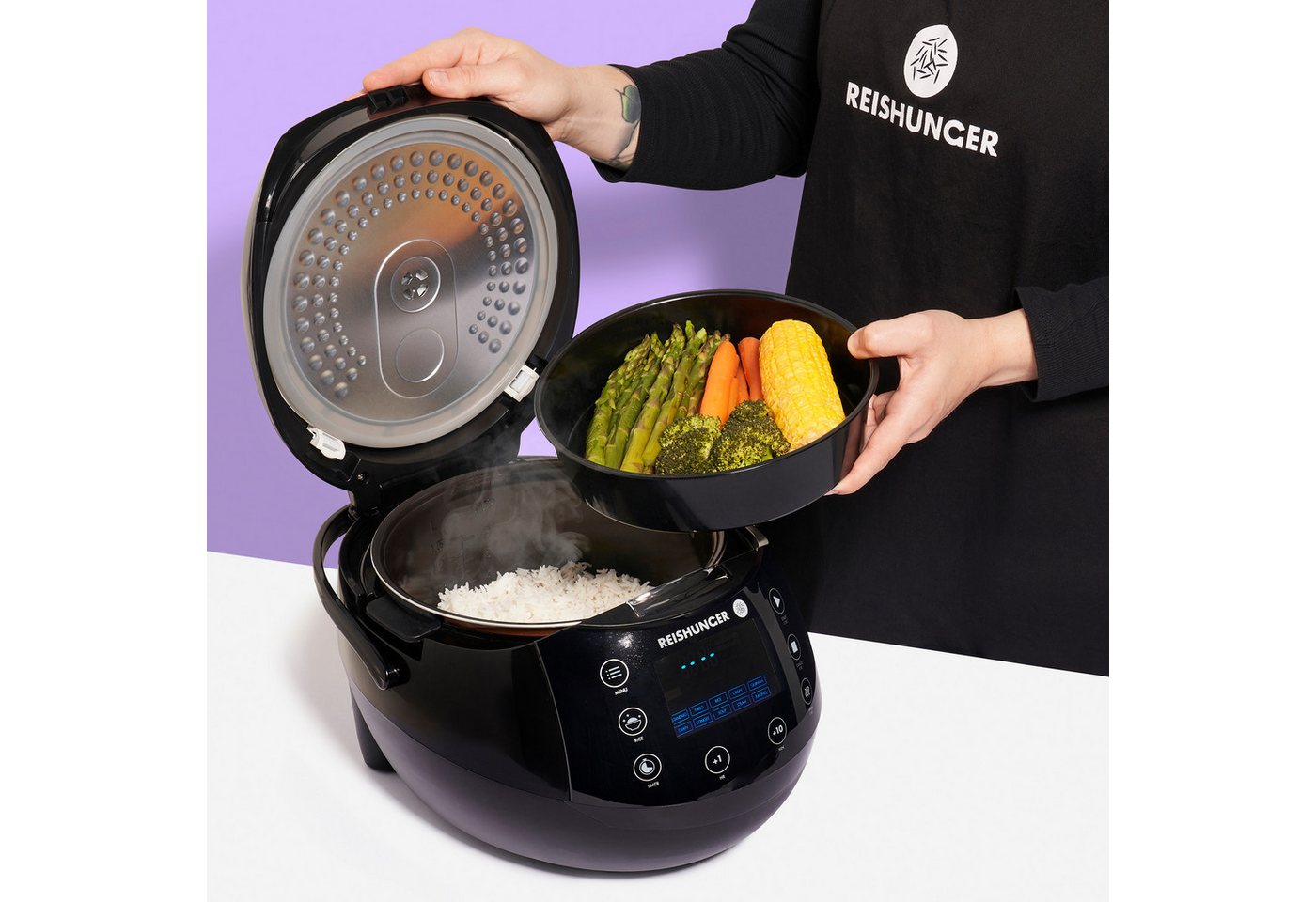 Reishunger Reiskocher REISHUNGER Digitaler Reiskocher, schwarz, 1,5L, Kennenlernset, 860 W, Fuzzy Logic mit 7-Kochphasen-Technologie