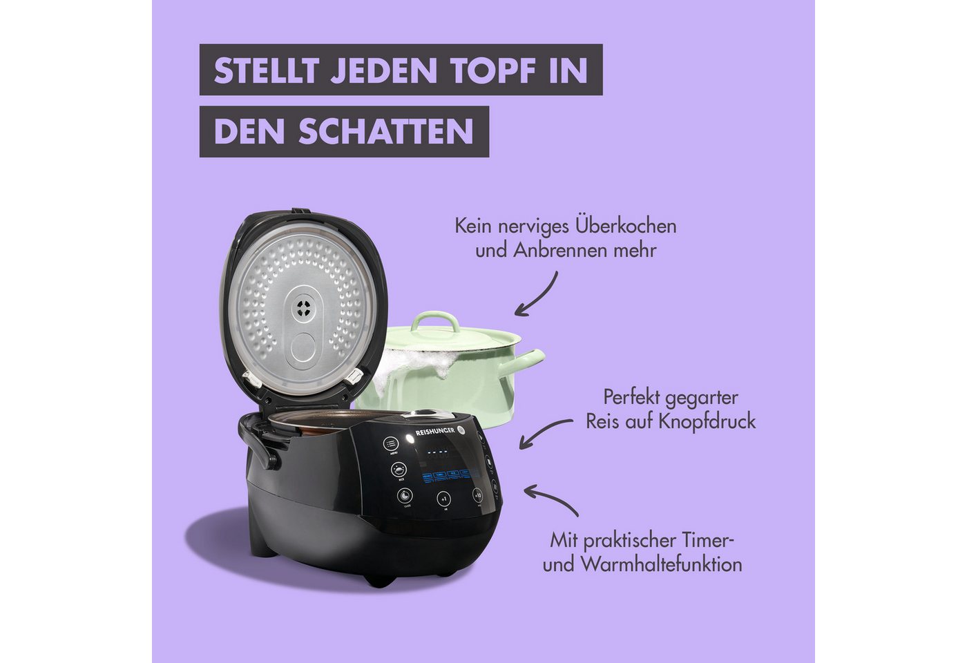Reishunger Reiskocher REISHUNGER Digitaler Reiskocher, schwarz, 1,5L, Kennenlernset, 860 W, Fuzzy Logic mit 7-Kochphasen-Technologie Bild 2