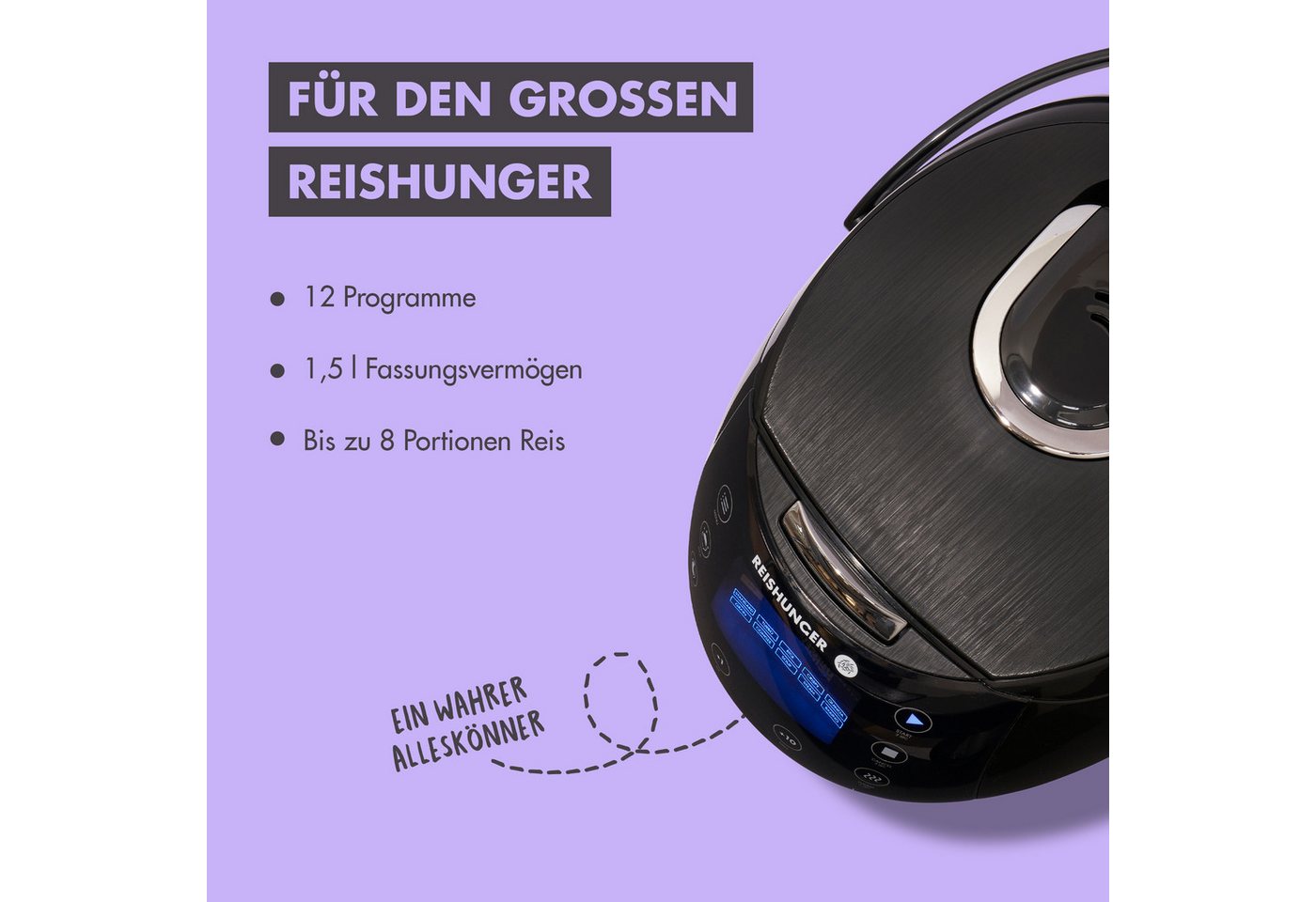 Reishunger Reiskocher REISHUNGER Digitaler Reiskocher, schwarz, 1,5L, Kennenlernset, 860 W, Fuzzy Logic mit 7-Kochphasen-Technologie Bild 5