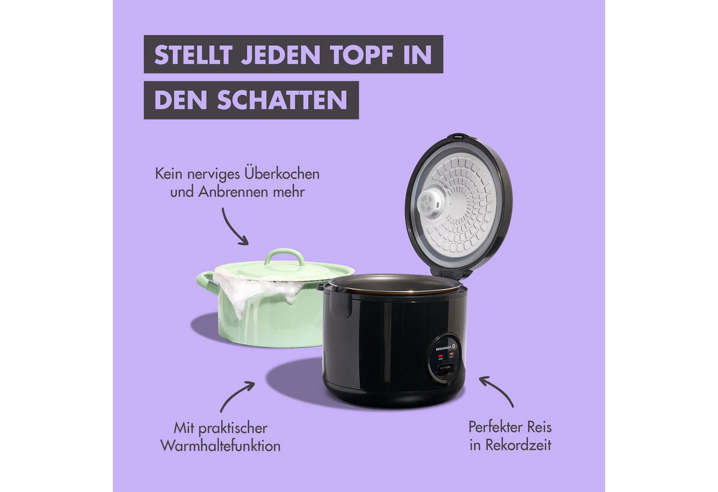 Reishunger Reiskocher REISHUNGER Basis Reiskocher, schwarz, 1,2L – Kennenlernset, 500 W, Mit Warmhaltefunktion für bis zu 8 Stunden