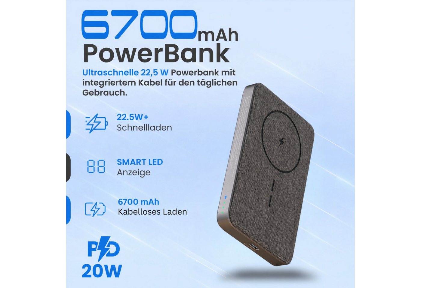 RUHE Magnetisch Powerbank Magsafe Kompatibel Wireless Kabellos Extern Powerbank Magnetische Powerbank MagSafe für iPhone, Samsung uvm PB 6700 mAh (12 V, 1 St), Handyständer Power Bank mit USB-C Kabel PD 20W Schnellladen mit LED Bild 2