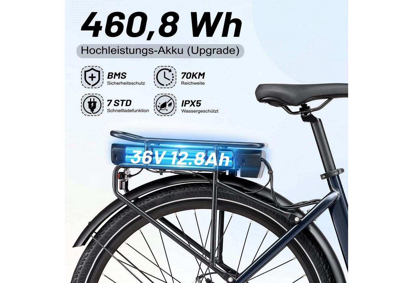 Vankel E-Bike Urban-7 E-Fahrrad Damen u. Herren 460WH Pedelec, 36V 70 km Reichweite, Heckmotor, 460,8 Wh, Shimano,Scheibenbremsen, Kettenschaltung Bild 3