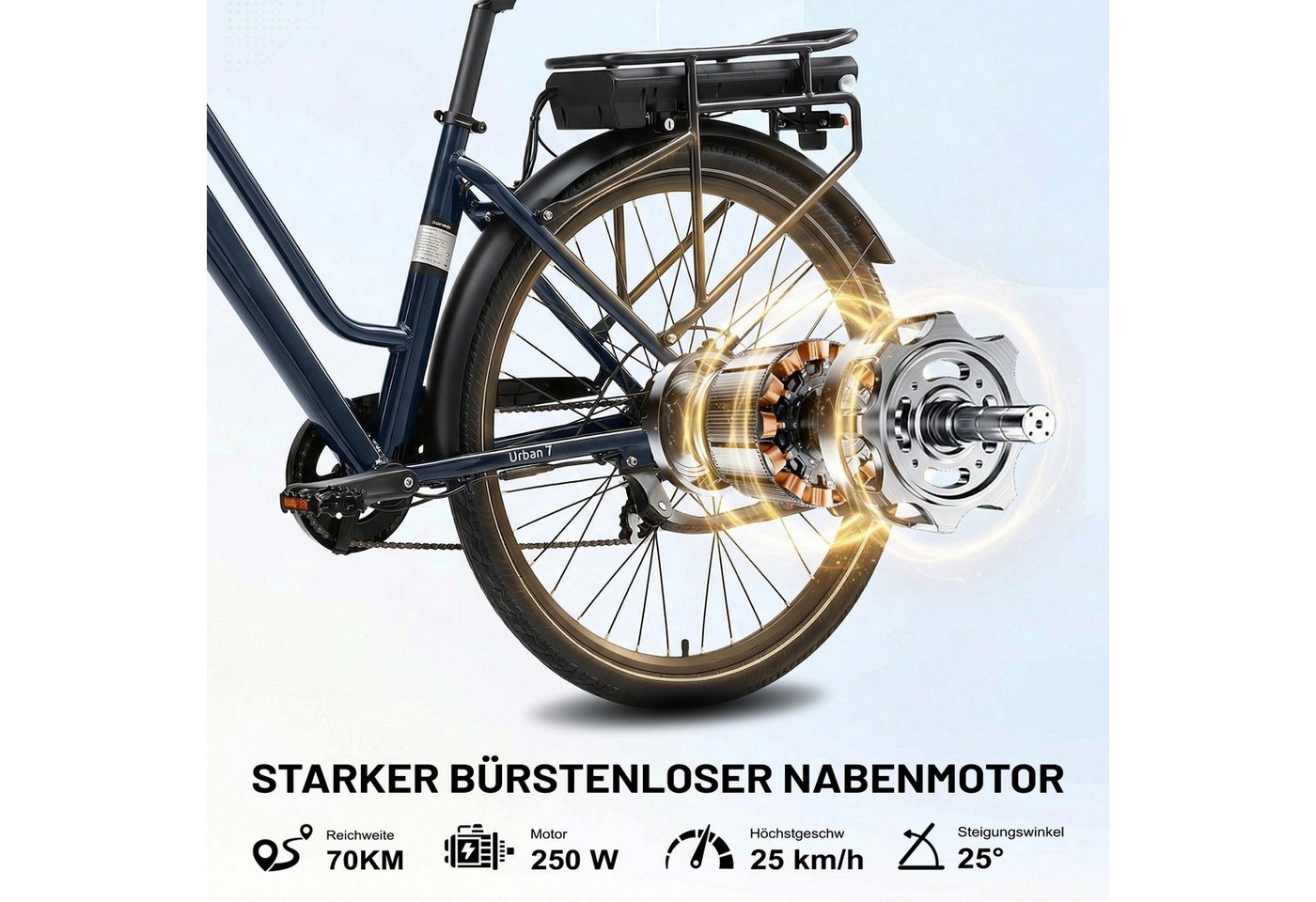 Vankel E-Bike Urban-7 E-Fahrrad Damen u. Herren 460WH Pedelec, 36V 70 km Reichweite, Heckmotor, 460,8 Wh, Shimano,Scheibenbremsen, Kettenschaltung Bild 5