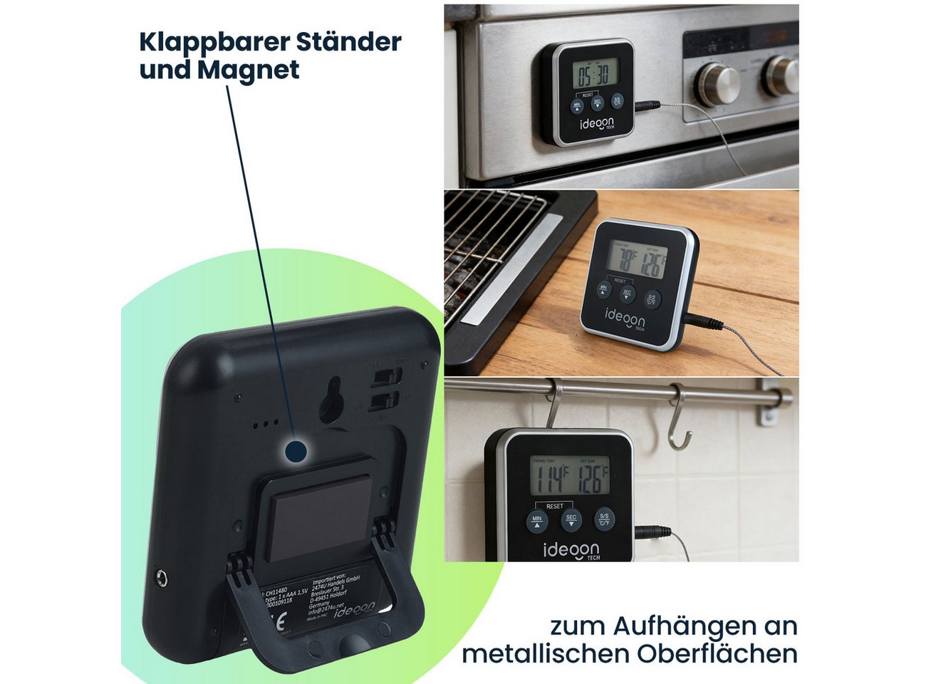shop'n smile ideoon Backofenthermometer Digitales Fleischthermometer & Ofenthermometer mit Timer bis 300°C, Timer 1 Sek. bis 99:59 Min. •-50 bis 300 °C • Umschaltbar °C & °F