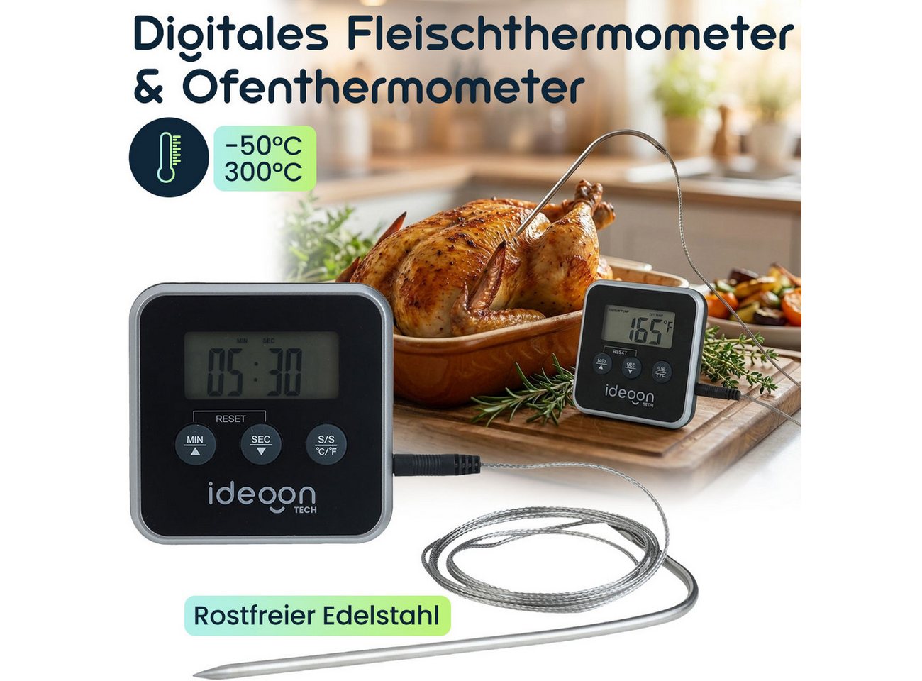 shop'n smile ideoon Backofenthermometer Digitales Fleischthermometer & Ofenthermometer mit Timer bis 300°C, Timer 1 Sek. bis 99:59 Min. •-50 bis 300 °C • Umschaltbar °C & °F Bild 5