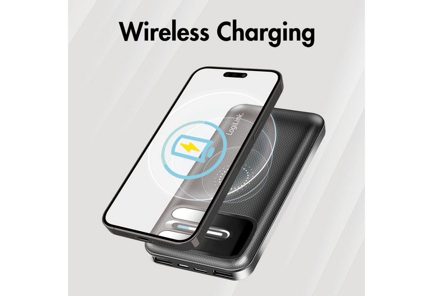 LogiLink Powerbank 8000mAh Qi USB C kabellos LED Ladeanzeige schwarz Powerbank Powerbank mit Qi Ladefunktion 8000 mAh (5 V), Qi Laden USB C LED Anzeige 3 Geräte gleichzeitig kompakt schwarz